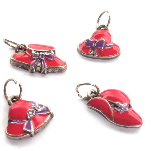 Vintage Enamel Red Hat Society Friendship Freedom Pendant Charms Set - Picture 1 of 3
